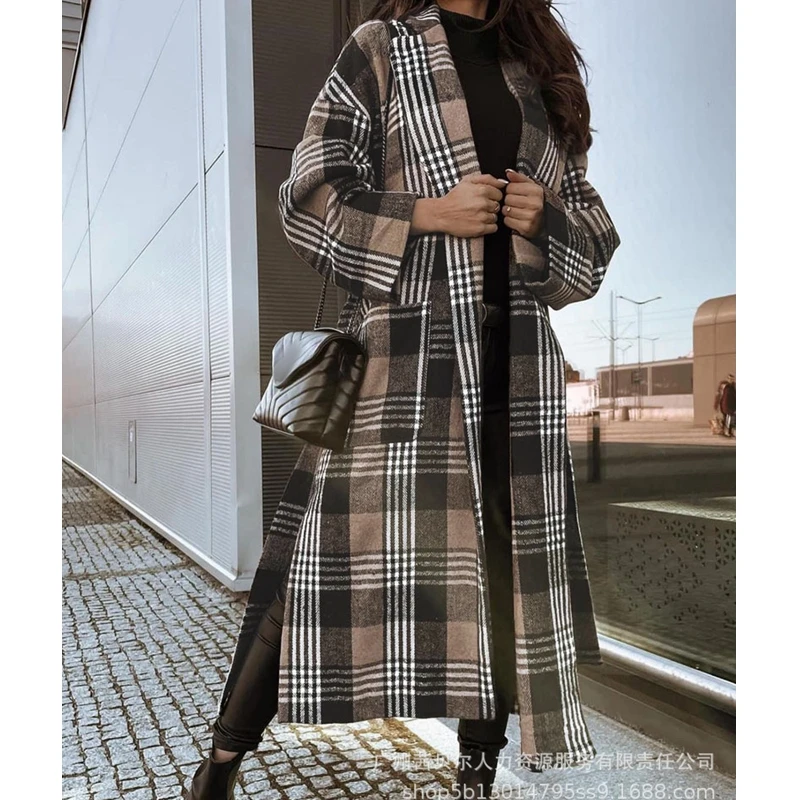 

WEPBEL Trench Coat Women's Casual Plaid Loose Split Coat Autumn Winter Fashion Long Sleeve Cardigan Turn-down Collar Trench