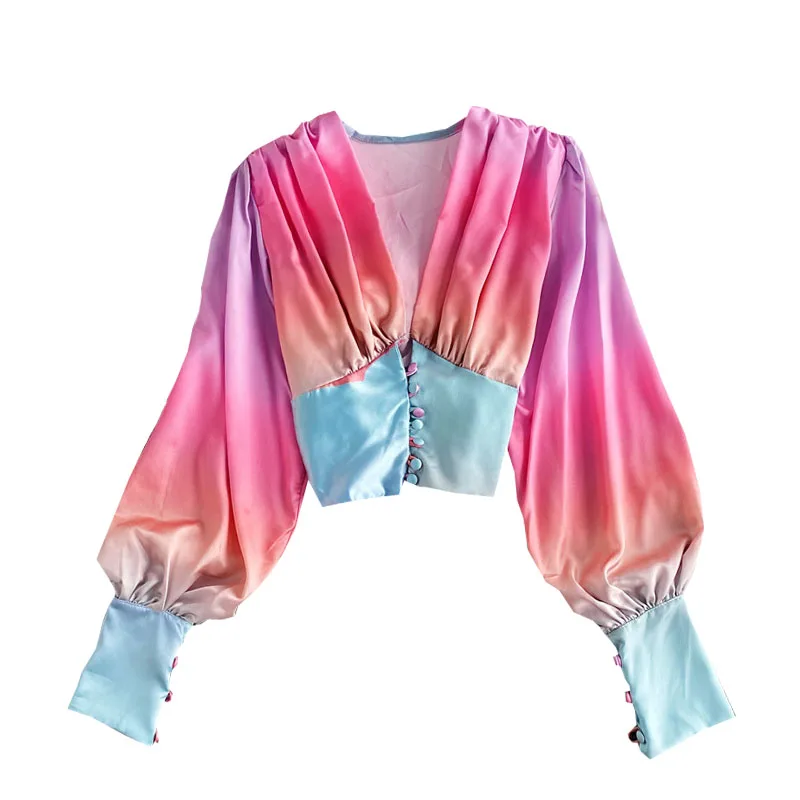 

Spring Autumn New Rainbow Gradient Color Lantern Sleeve Buttons Waist V-neck Shirt Women's Fashion Temperament Short Top UK696