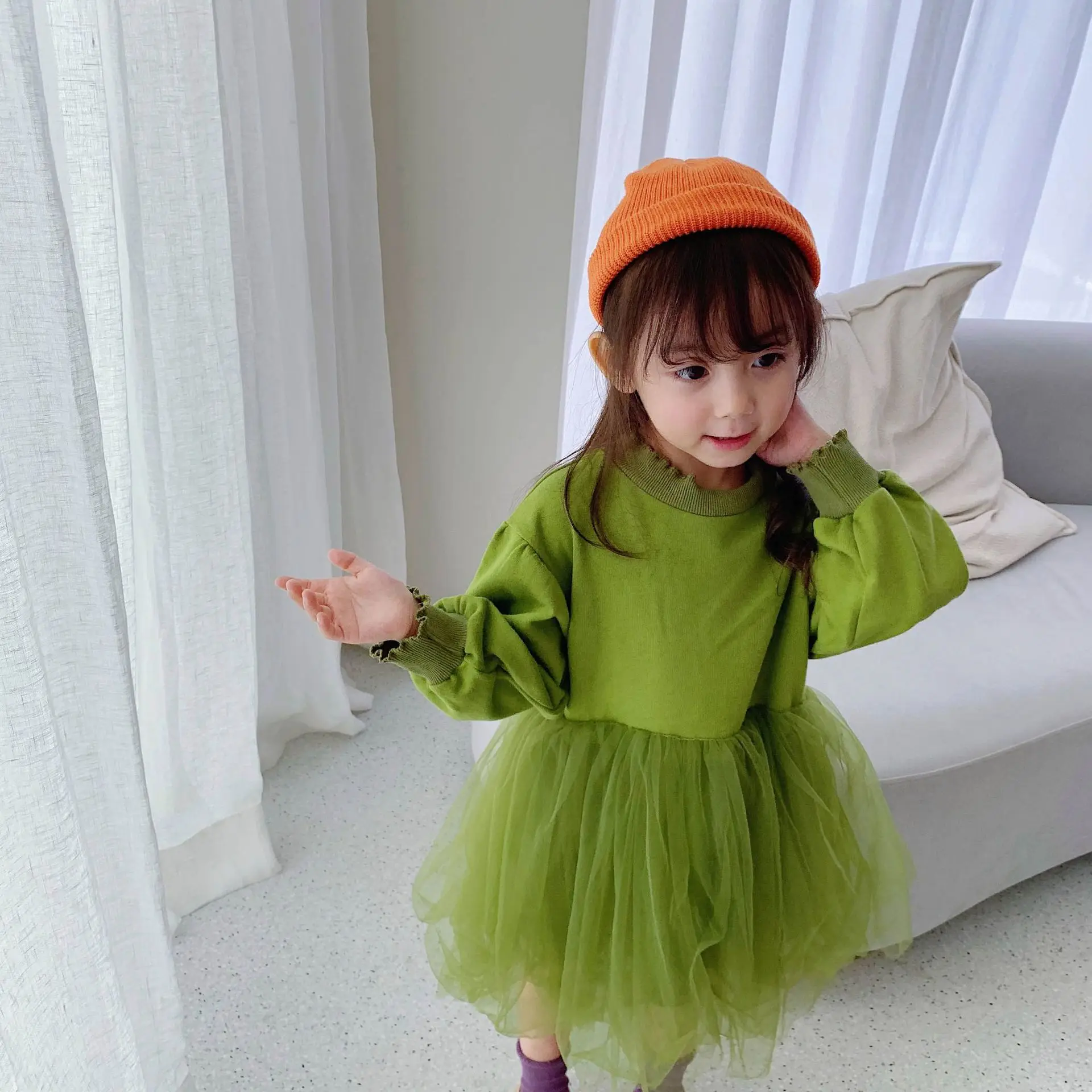 WLG/платья для девочек сезон весна-осень платье в стиле пэчворк цвет зеленый