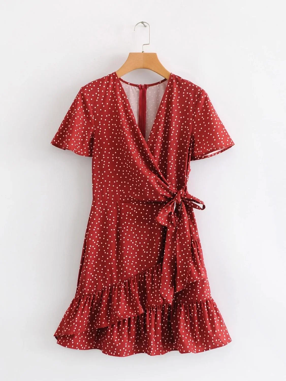 

Женское платье с запахом в горошек SHZQ, красное летнее платье-мини с запахом, v-образным вырезом, оборками, бантом на молнии сзади и коротким р...