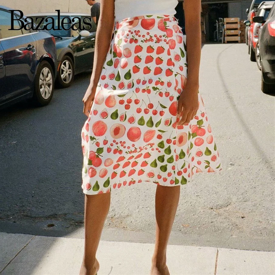 Женская Юбка миди с разрезом Bazaleas винтажная юбка принтом фруктов вишни клубники