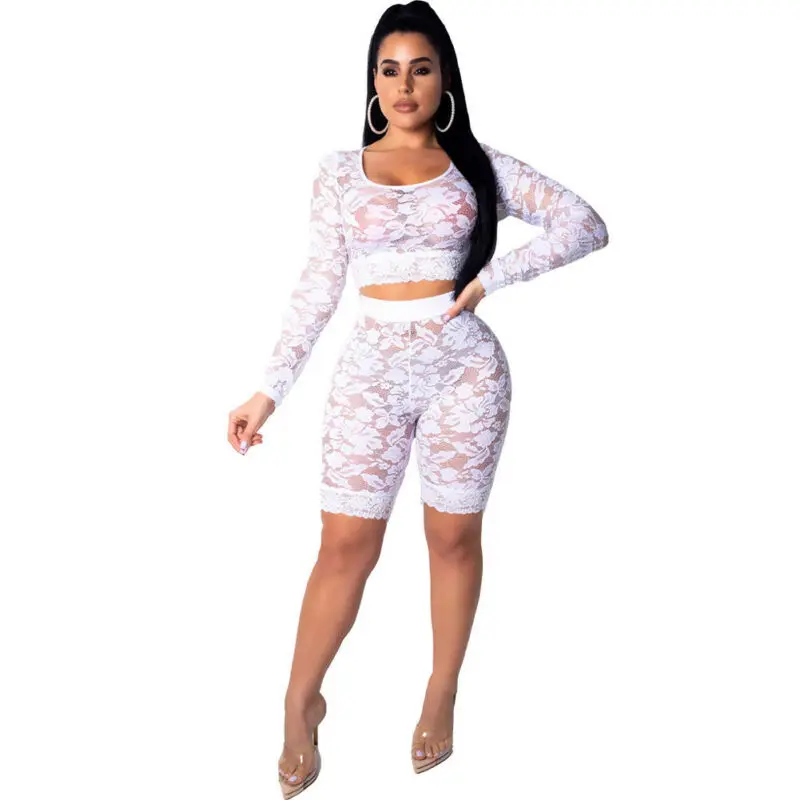 

Women's 2Pcs Crop Top and Shorts Lace Sets Women Solid Lace See through Sets