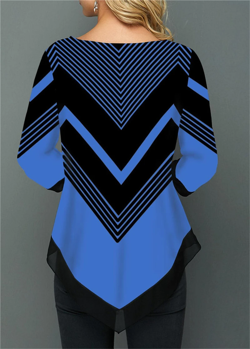 Женские футболки размера плюс полосатая печать неровный подол свинг семь рукав