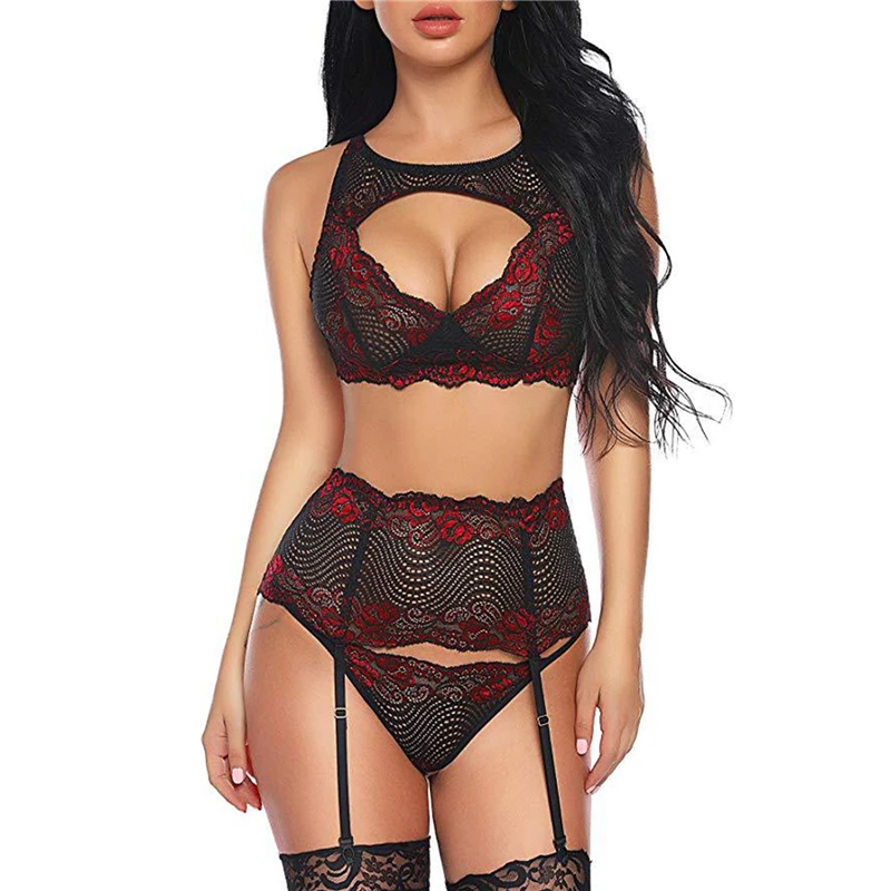 Unique Women's Bra Set Sexy Backless Sleeveless Underwear Suits 2021 New Women V-neck Lace Lingeries Bra Thongs With Garter Sets