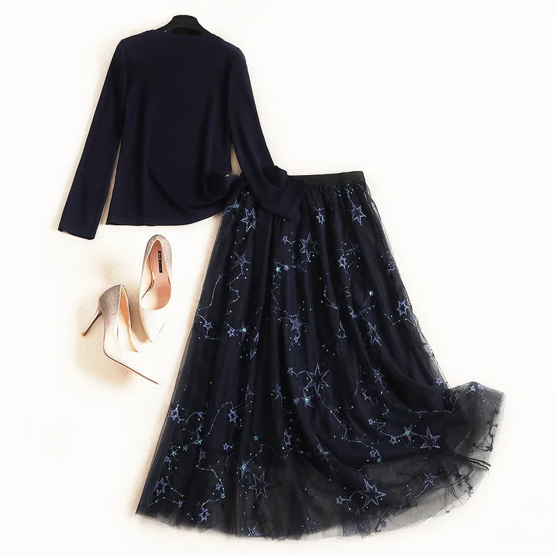 Новая мода осень зима юбка комплект из 2 предметов женский длинный рукав вышивка