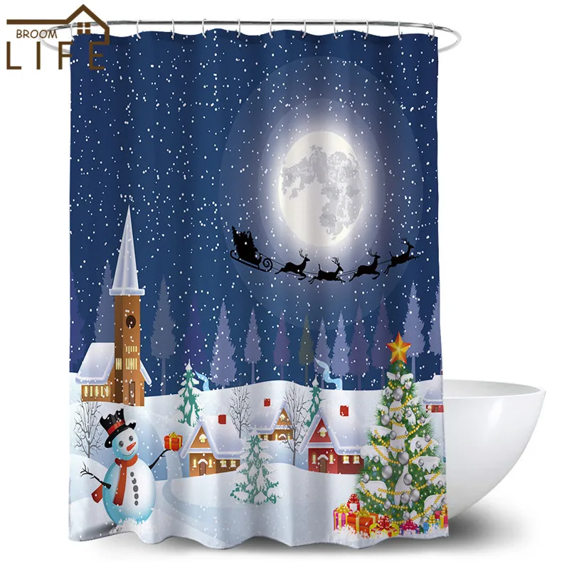

Blue Christmas Shower Curtain with Hook Set Waterproof Bathroom Curtain WC Screen Thicken Bath Screen Festival Home Decoration