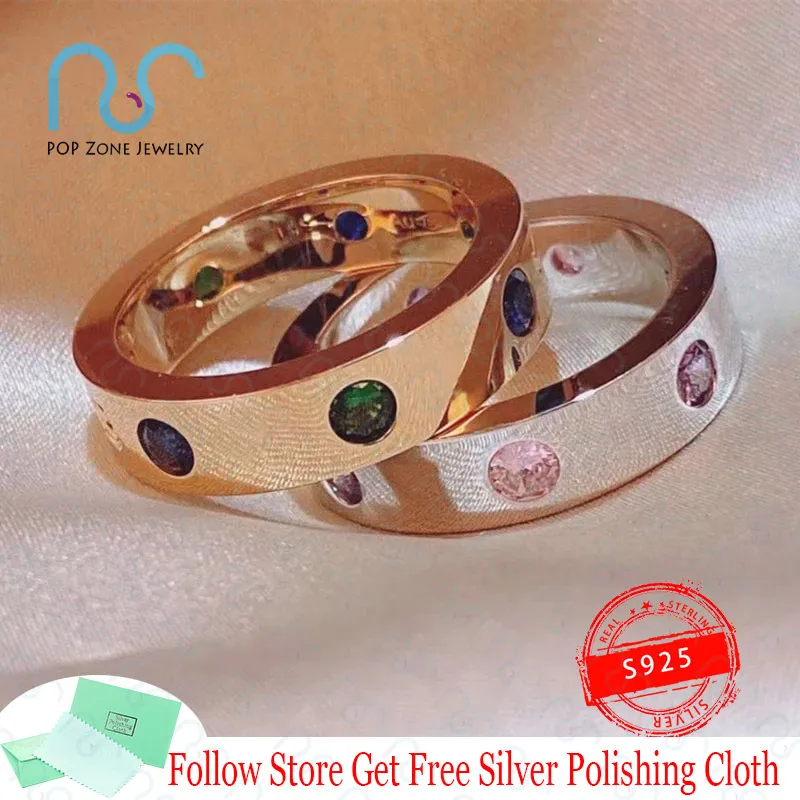 

Famous Brand Luxury Ring Roman Sorbets Ring Single Ring Colorful Gem Crystal Zircon Sterling Silver Ring Original 1:1 With Logo