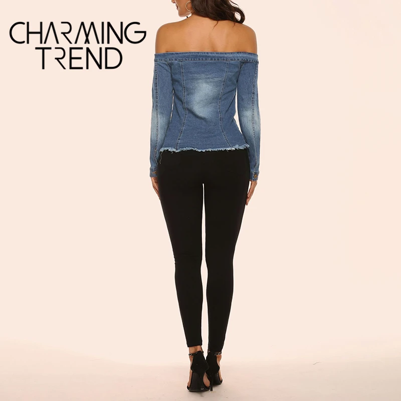 Блузка женская джинсовая с длинным рукавом шикарная пикантная рубашка из денима