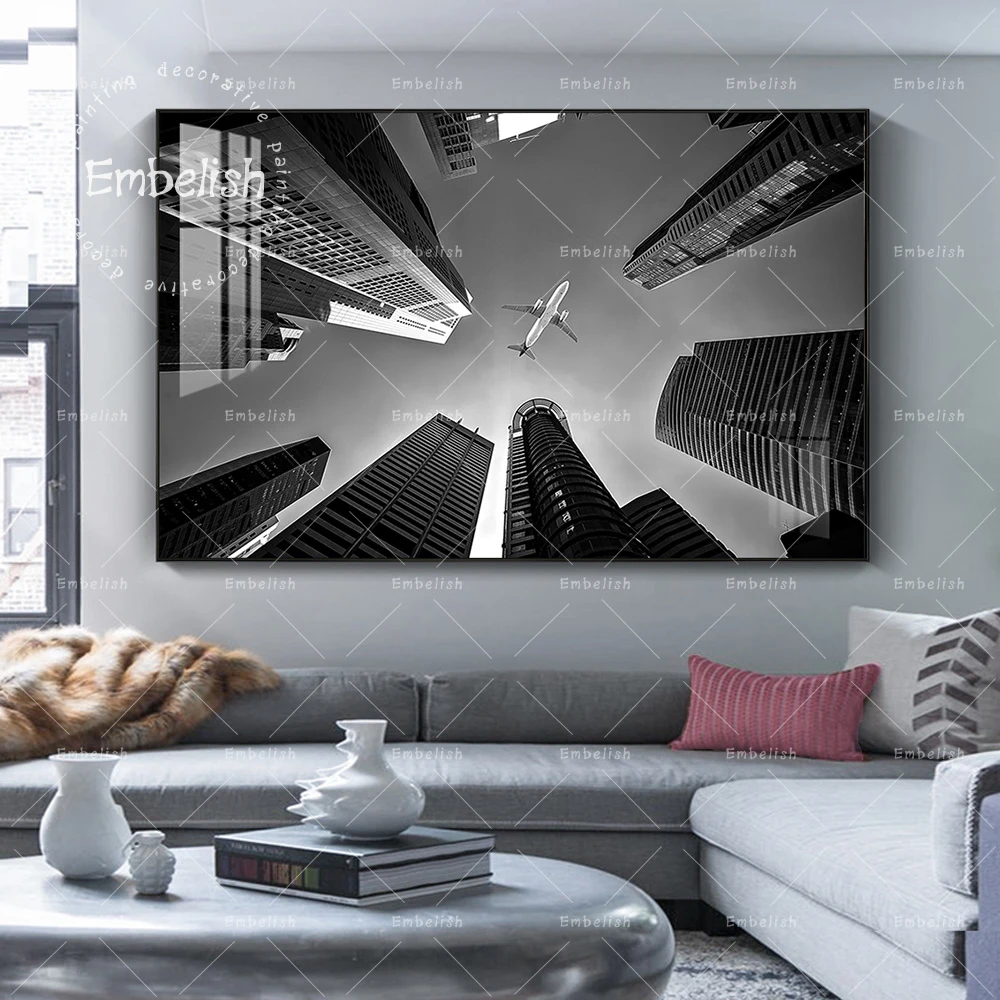 

1 Pieces Black And White Airplane Fly Over City Landscape HD Print Canvas Paintings For Living Room Modern Artworks Wall Picture