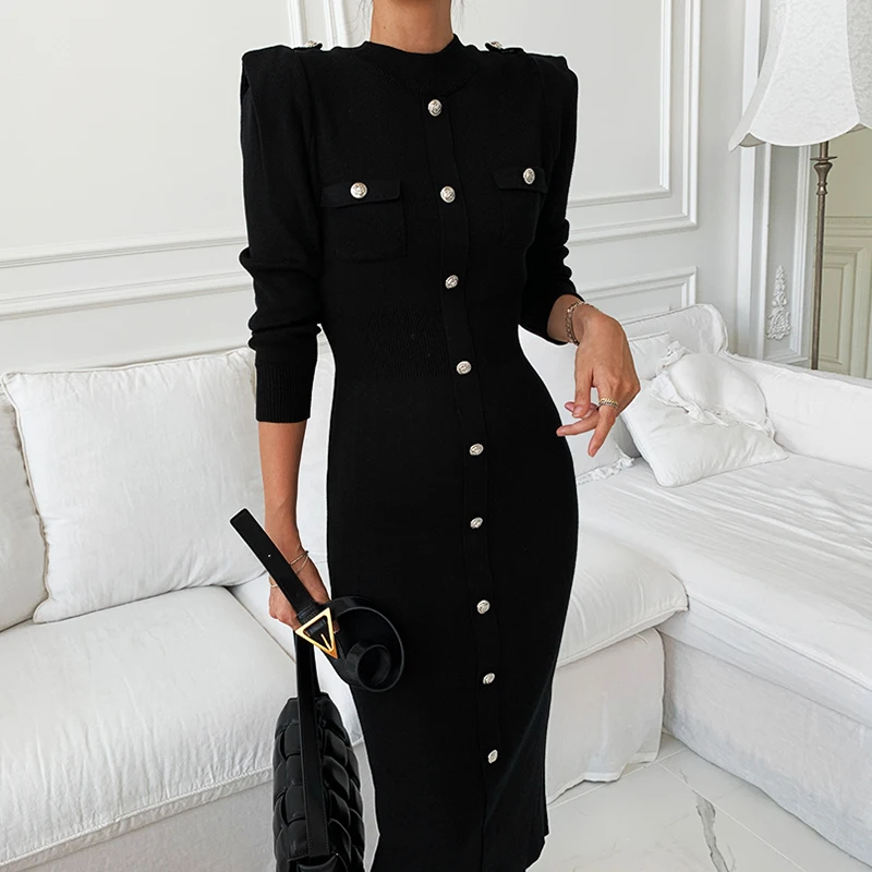 SHENGPALAE 2021 зимнее женское повседневное черное однобортное облегающее платье