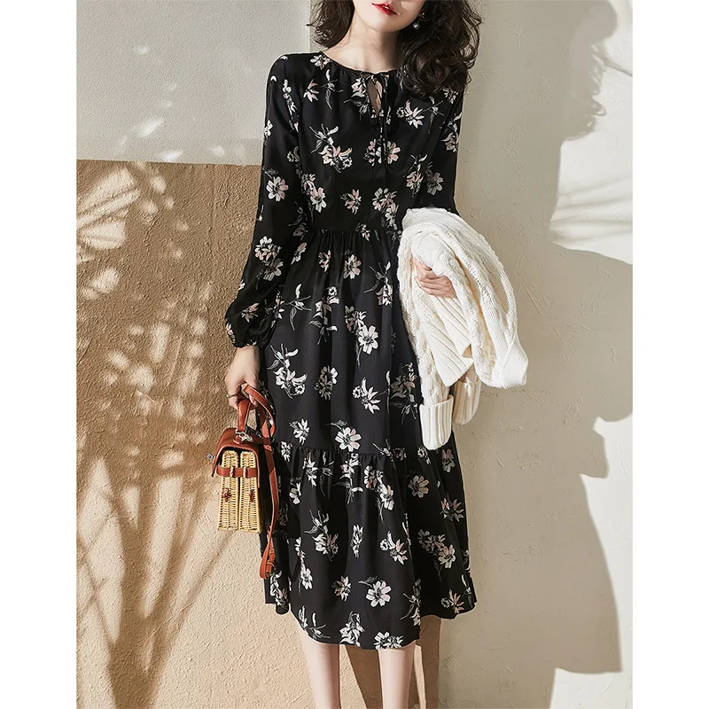 

Casual Print Office Black Lady Women's Summer Dress Elegant Fashion Shirring O-Veck A-Line Design Long Dress Party Women Female