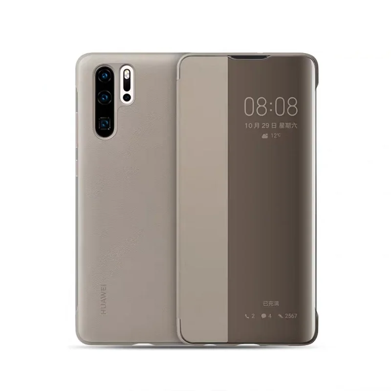 khaki Умный чехол с окошком huawei, откидная крышка, кожаный чехол для телефона huawei P30 P30pro - Цвет: khaki
