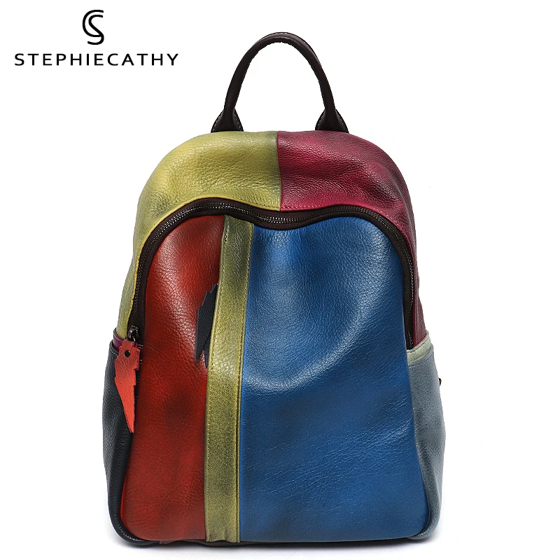 

SC Women Luxury Colorful Genuine Leather Patchwork Backpacks Designer Zip Pockets Functional Shoulder Bags Female Large Knapsack