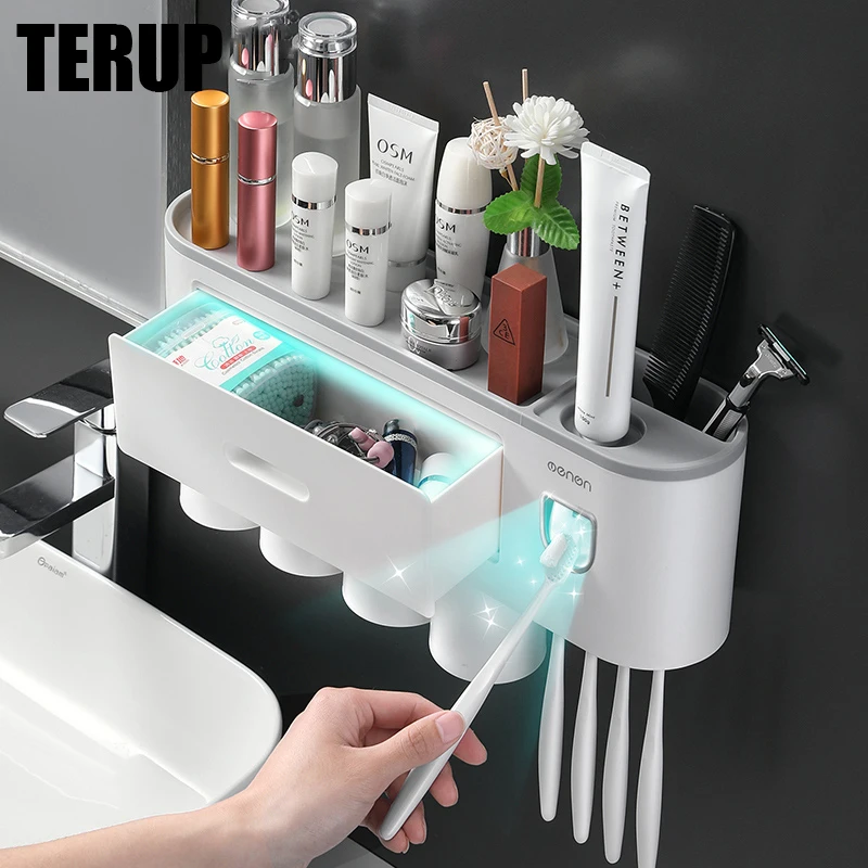TERUP-soporte de pared para cepillo de dientes, dispensador autom&aacute;tico de pasta de dientes, tazas magn&eacute;ticas, estante de almacenamiento, juego de accesorios de ba&ntilde;o-0