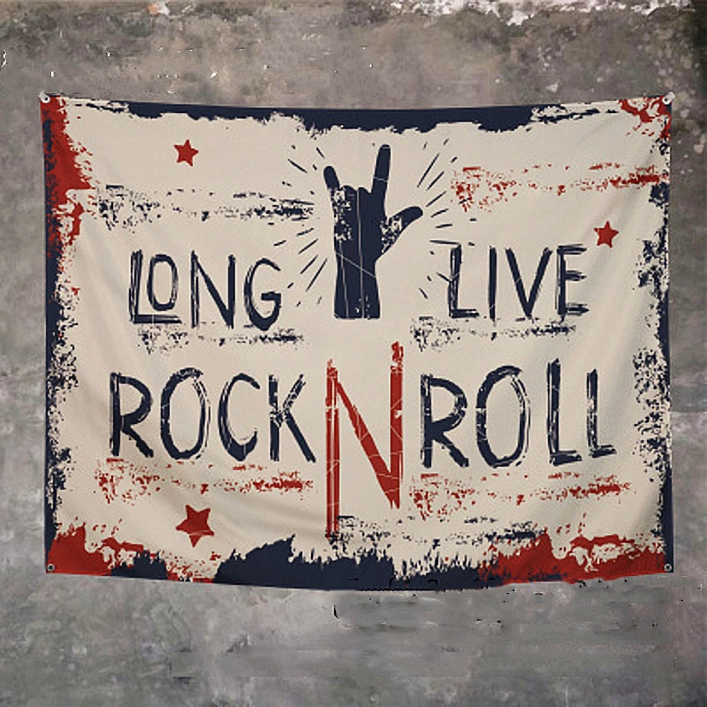 

Vintage Metal Music Art Stickers Rock Hip Hop Reggae Poster Four Holes Banners Wall Flags Tapestry Hanging Cloth Bar Cafe Decor