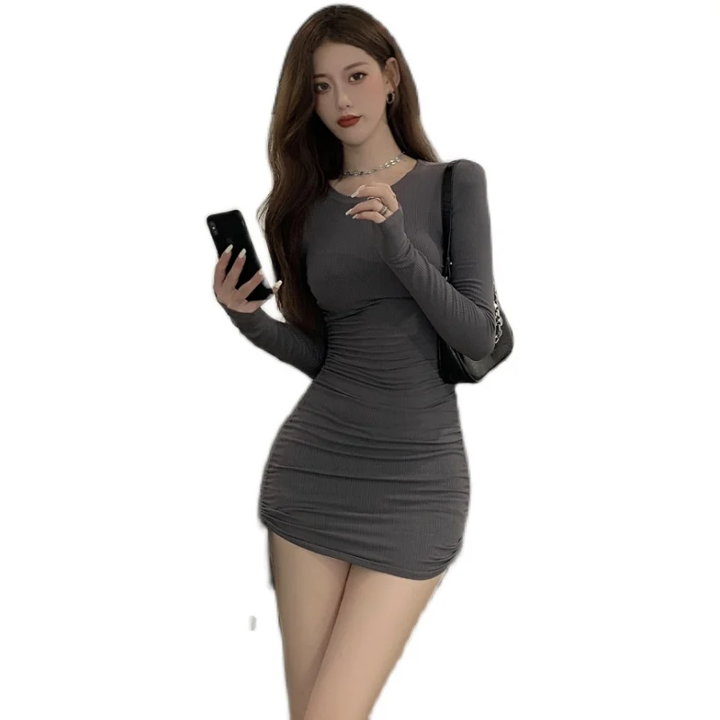 

Full Sleeve Dress 2020 Autumn New Women Fold Ruched Drawstring Slim Mini Dress Casual Streetwear O-Neck Dresses