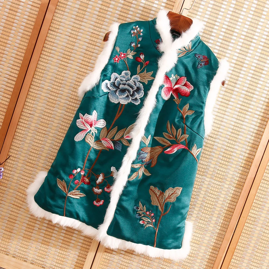 Зеленый High-end New Autumn Women Cotton Vest Top Stitching Rabbit Hair Chinese Style Retro Embroidery Elegant Lady Sleeveless Vest - Цвет: Зеленый