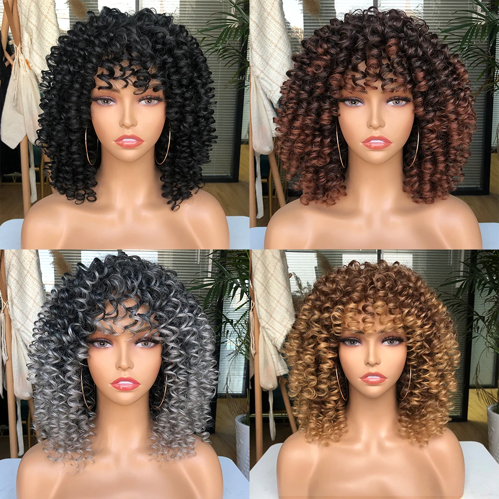 

14" Short Hair Afro Kinky Curly Wigs With Bangs Blonde Mixed Brown Synthetic Ombre Natural Heat Resistant Wigs for Black Women