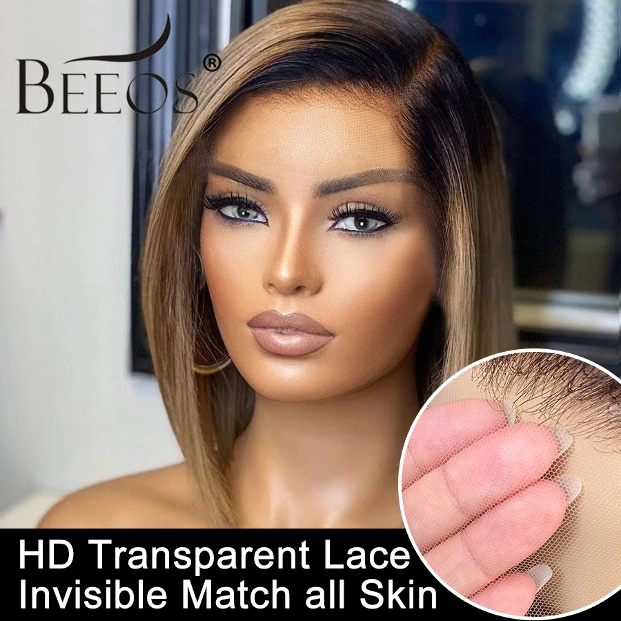 180% Straight Short Bob Wig Skinlike Real HD 13*4 Lace Frontal Human Hair Wig HD Transparent Lace Ombre Ash Blonde Lace Wigs