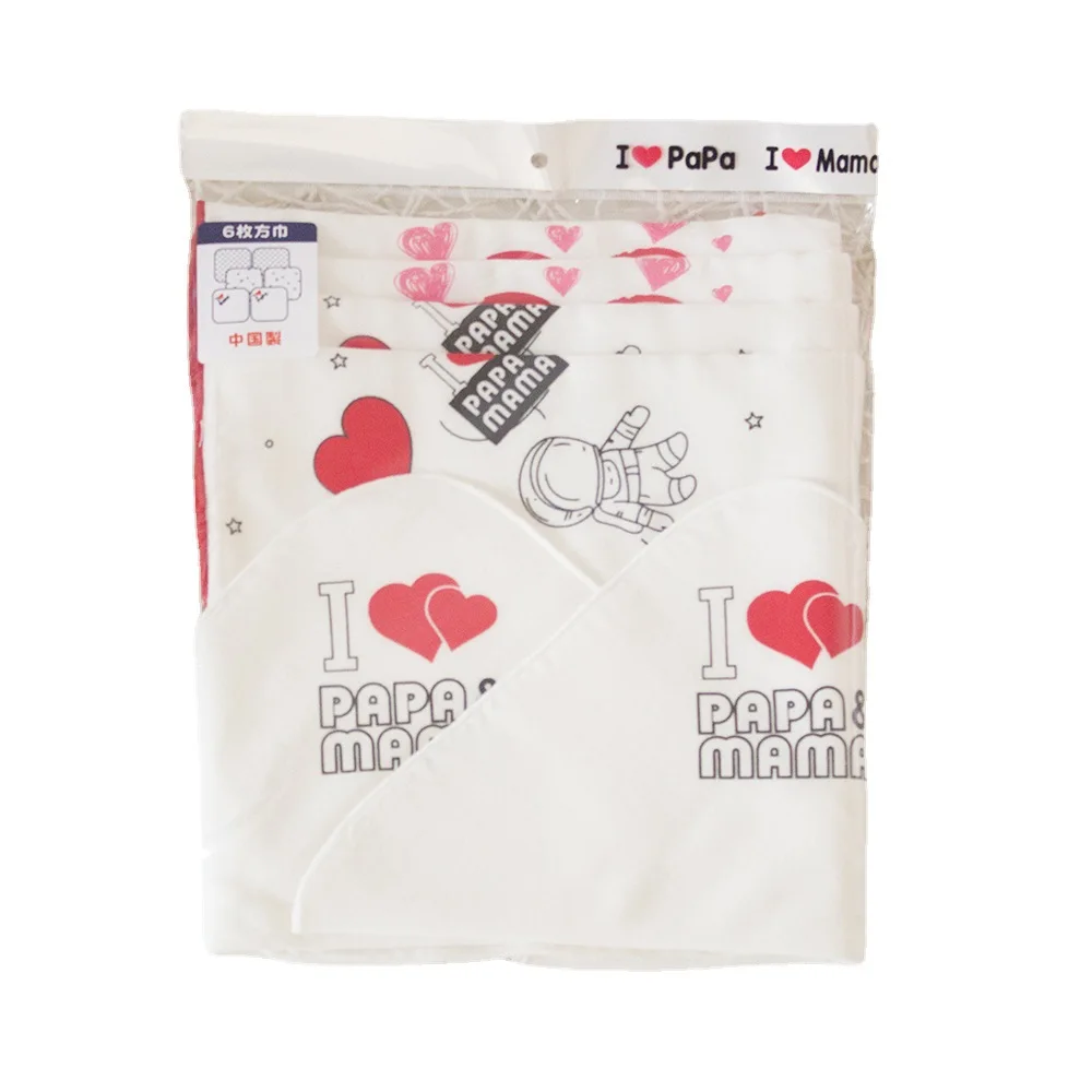 

6PCS Handkerchief Cotton Bib Pure Cotton Towel Printing Love Gauze Saliva Towel Male Female Baby Children Triangle Saliva Towel