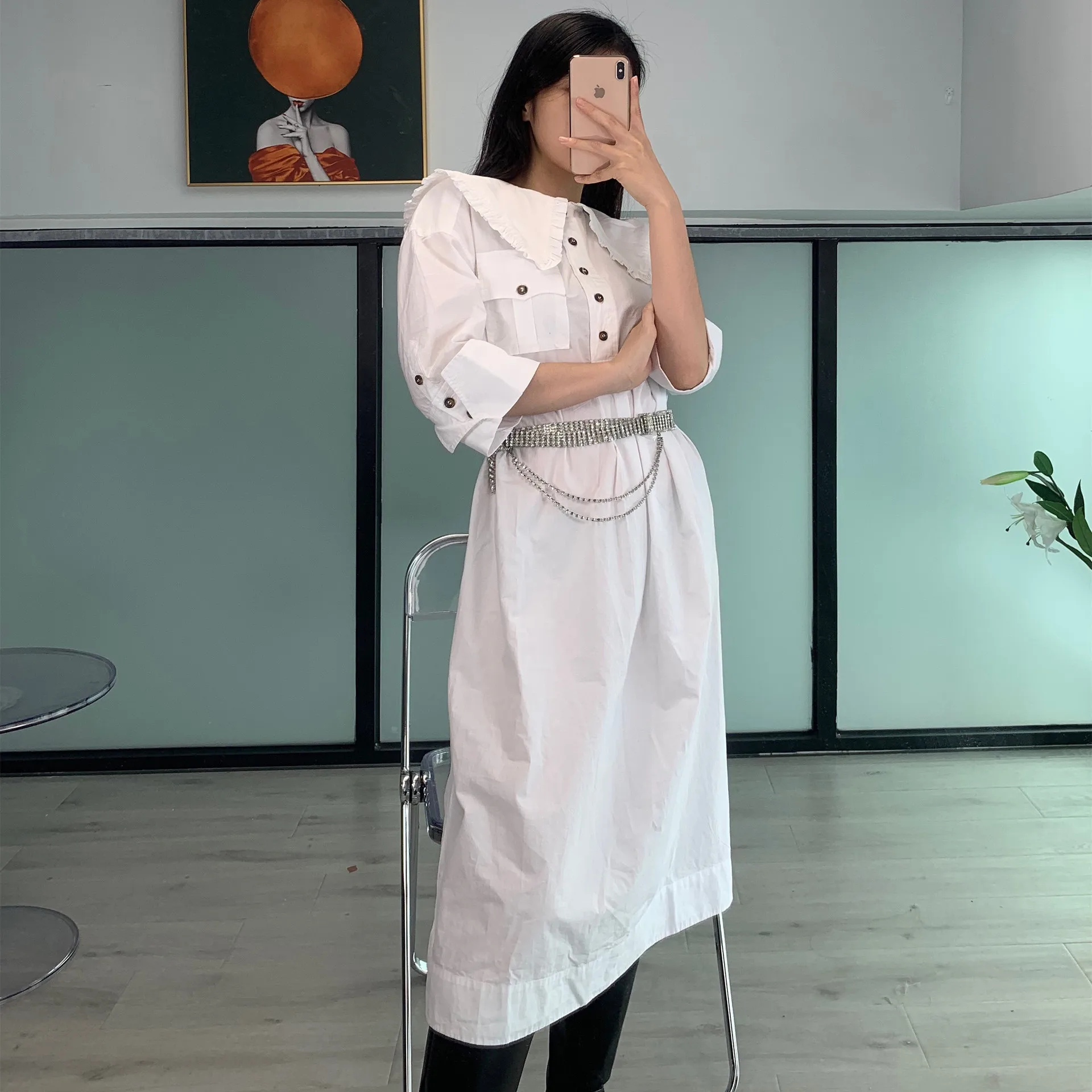 

Women Dress 2021 Spring/Summer New Petal Collar Cotton White Loose Women's Dress