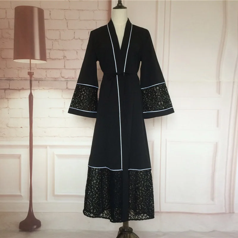 

Ramadan Saudi Arabian Clothing Black Cardigan Lace Moroccan Indian Kaftan Robe Summer Fashion Muslim Full Length Prayer Clothes