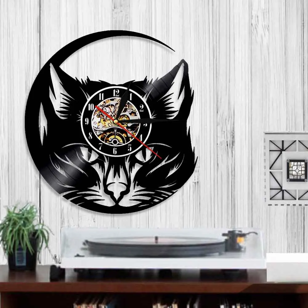 Настенные часы с изображением головы кошки Meow, Черный кот, Виниловая пластинка, часы, настенные художественные, кошачий магазин, Декор, винтажные животные, кот, любовник, часы для оформления дома