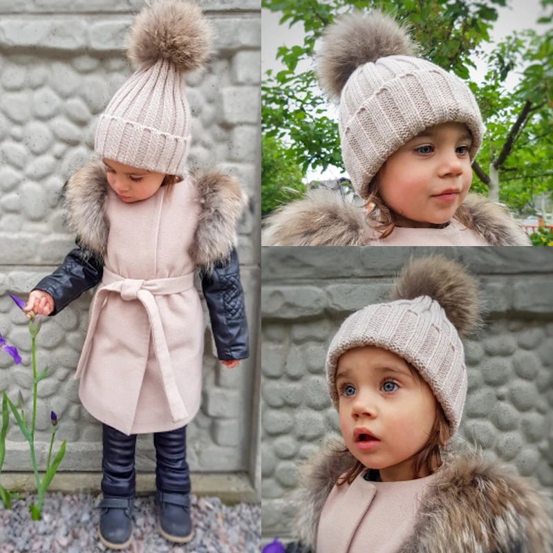 Модные детские зимние шапки с большим меховым помпоном, вязаная теплая шапка для детей, вязаная шапочка с помпоном для мальчиков и девочек