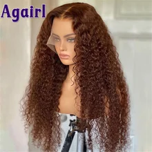 13x4 Water Wave Transparent Lace Frontal Wig Chocolate Brown Curly Lace Front Human Hair Wigs 30Inch Prelucked Hairline Agairl
