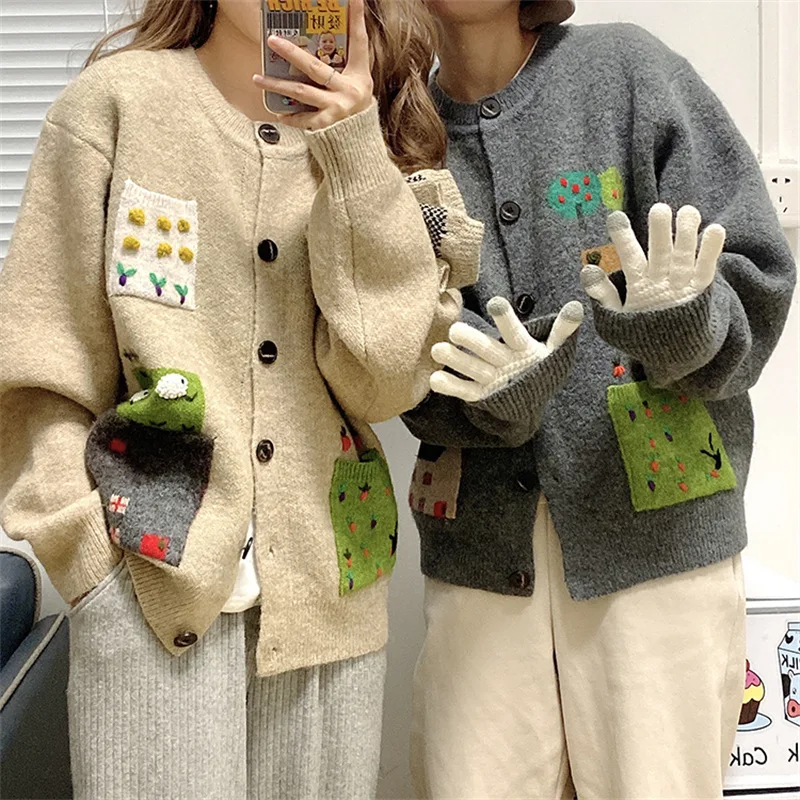 

Autumn Winter New Color Contrast Retro Pasted Cardigan Women Loose Knitted Sweater Coat Women