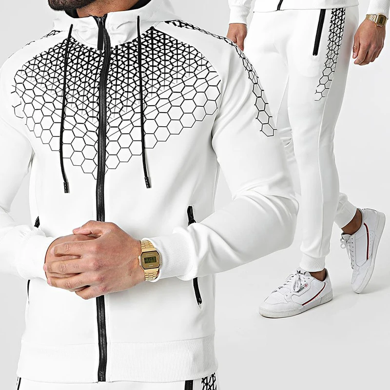 

2021 primavera e outono masculino de alta qualidade moda 3d terno esportivo novo com zíper de manga comprida com capuz + calças