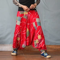 mens harem pants ethnic print big crotch breathable cotton linen male trousers retro loose lantern long pants 2021