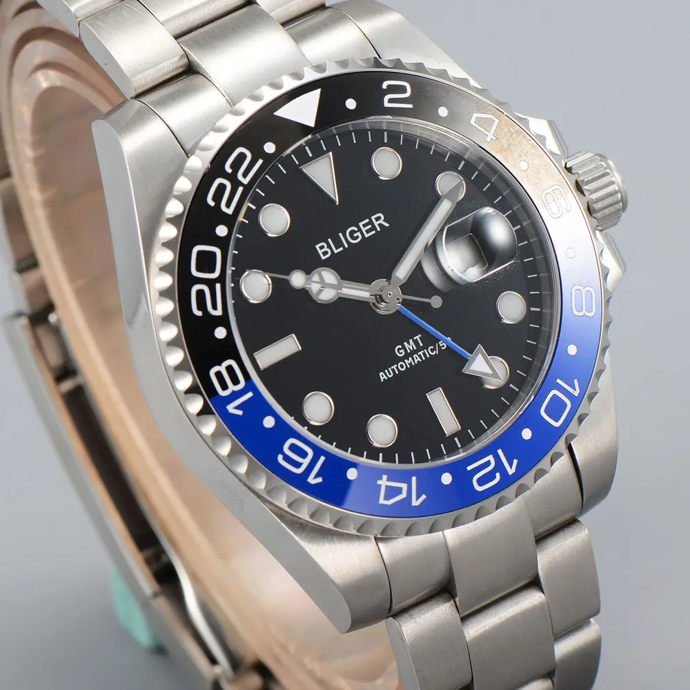 Роскошные Механические часы Bliger 40 мм черный циферблат стекло saphire керамическая
