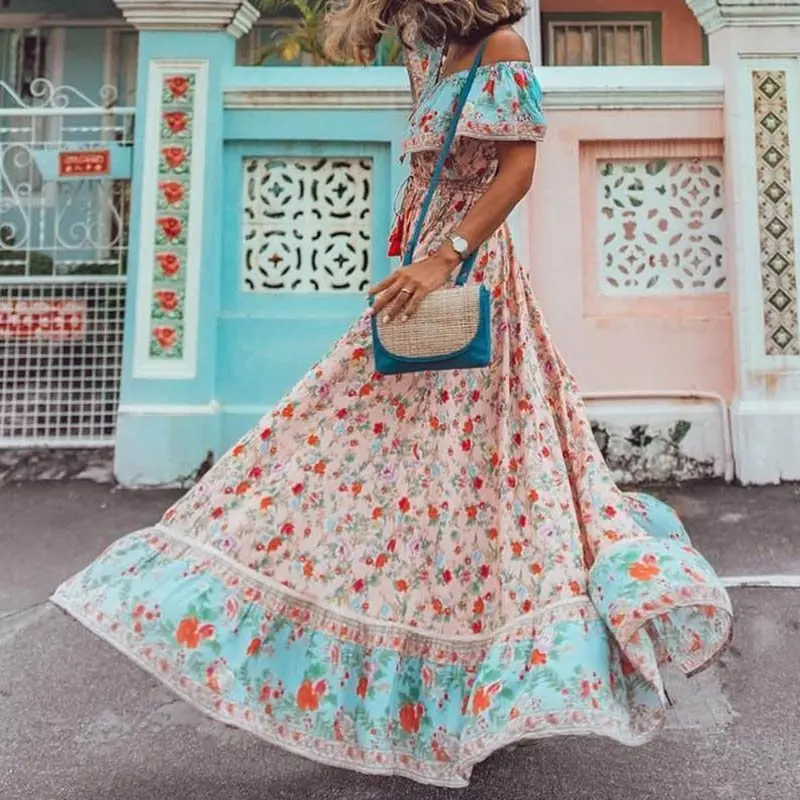 2019 с открытыми плечами цветочное элегантное платье Макси женское милое