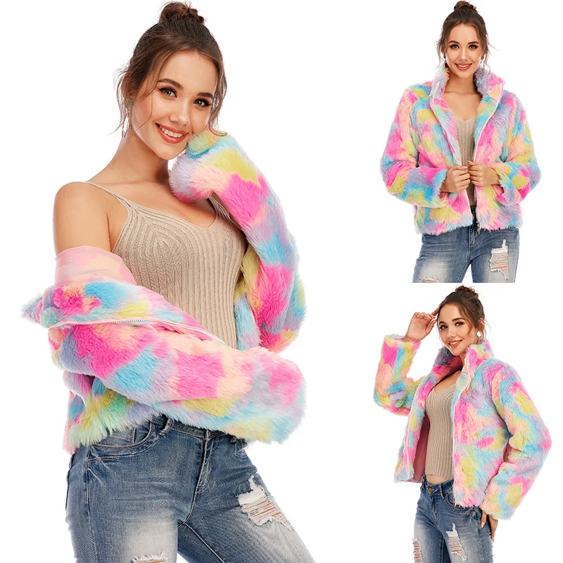 Многоцветное пальто из искусственного меха для женщин зимняя толстая верхняя