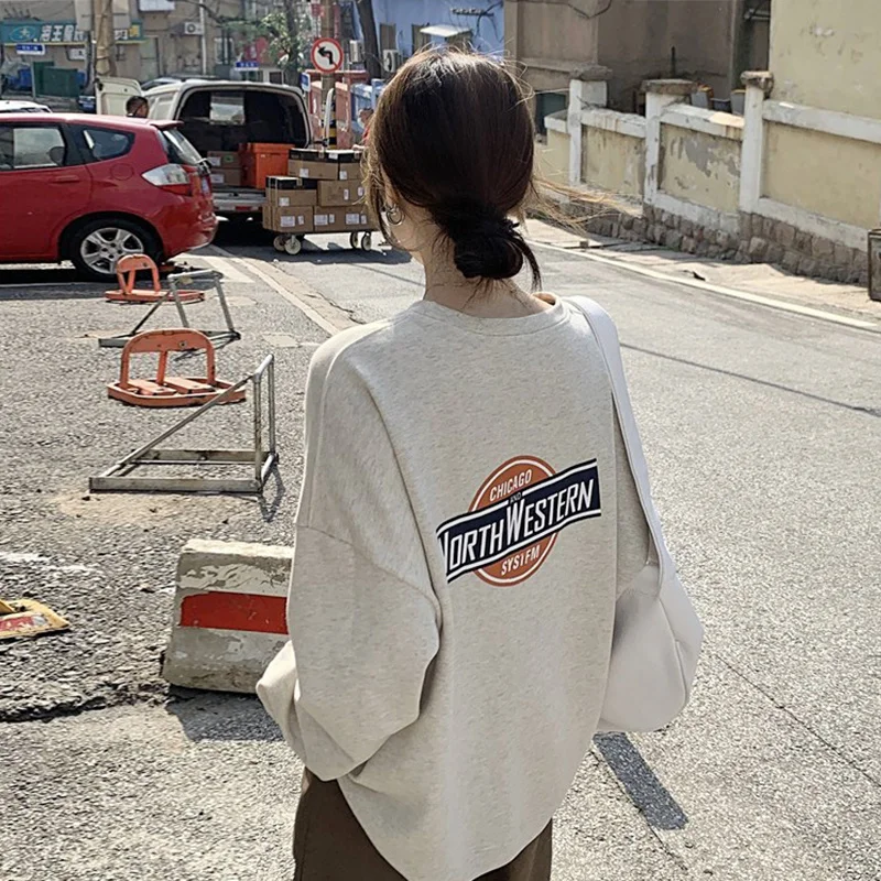 

Женский свободный свитер в американском стиле, серый Модный топ с длинными рукавами для ранней осени и весны, 2021