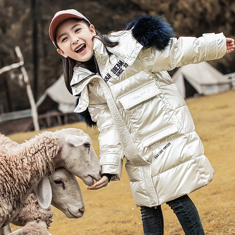 

Winter Snowsuit Girls Clothes Duck Down Jacket Long Style Waterproof Shiny Big Fur Hooded Coatchildren 2021 Teenage Winter Coat