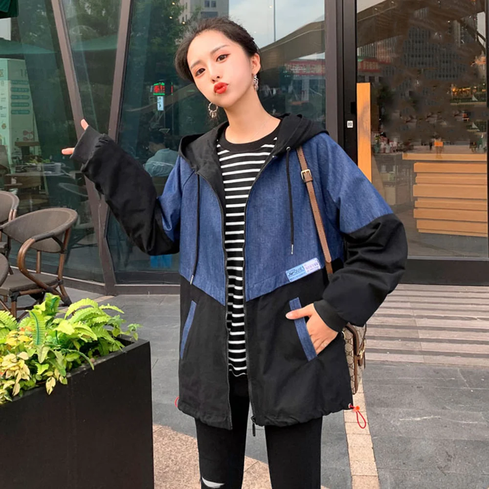 

2021 Autumn Winter Korean Fashion Casual Womens Jacket Splicing Color Contrast Zipper Hooded Long Sleeve Loose Cardigan Jacket