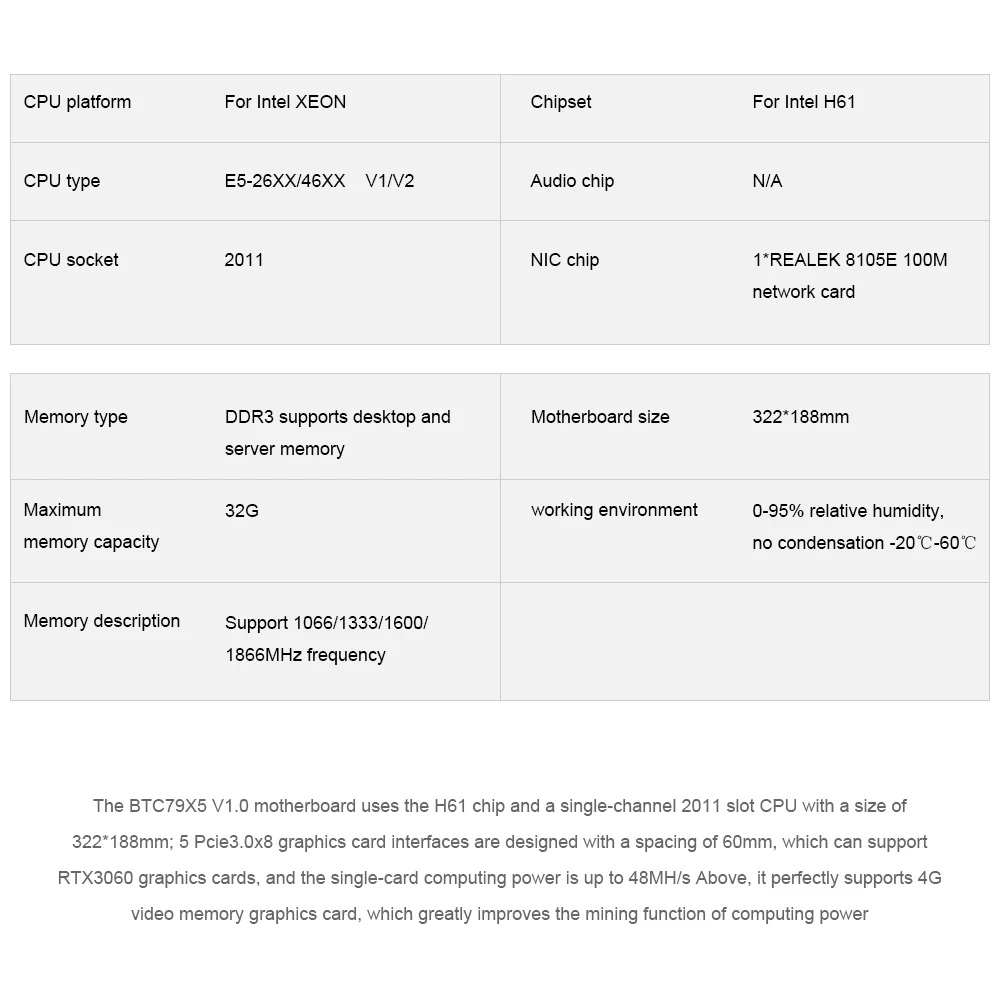 

BTC X79-H61 Miner Motherboard DDR3 5 PCI-E3.0 8X MSATA3.0 Support 3060 GPU With E5-2620 CPU RECC 4G DDR3 Memory 120G SSD