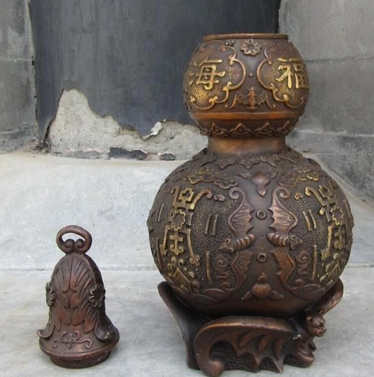 814+++++China Royal Red Copper Bronze Feng Shui Lucky Fu Longevity Gourd cucurbit Statue | Дом и сад