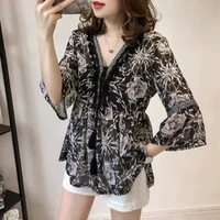 plus fat plus size half sleeved t shirt women loose fat mm cover belly floral chiffon shirt thin v neck shirt summer
