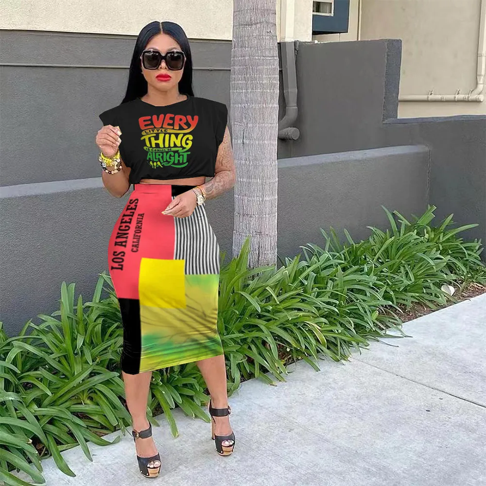 

Женский комплект из двух предметов с градиентным принтом, футболка без рукавов с круглым вырезом и юбка до середины икры