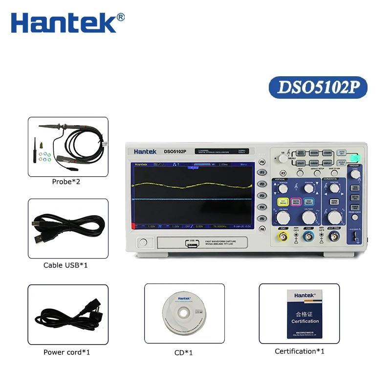 

Hantek Digital Oscilloscope DSO5102P 100MHz 2Channels 1GS/s 7'' TFT LCD 800x480 Record Length 40K USB AC110-220V