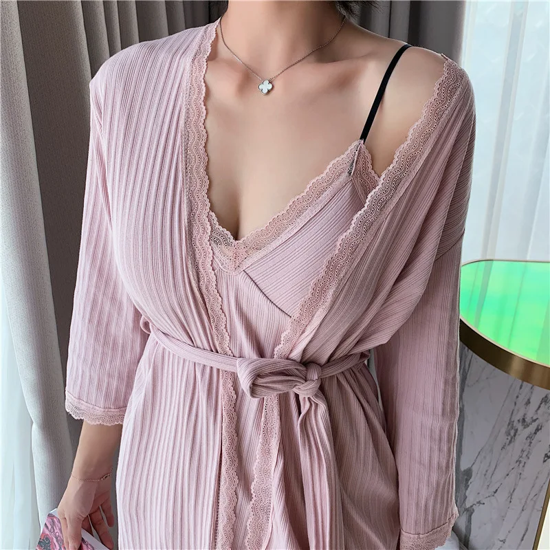 

Daeyard Cotton Pajamas For Women Sexy Lace Trim Pyjamas Spring Autumn Sleepwear Ladies Robe Sling And Trousers 3 Pieces Homewear