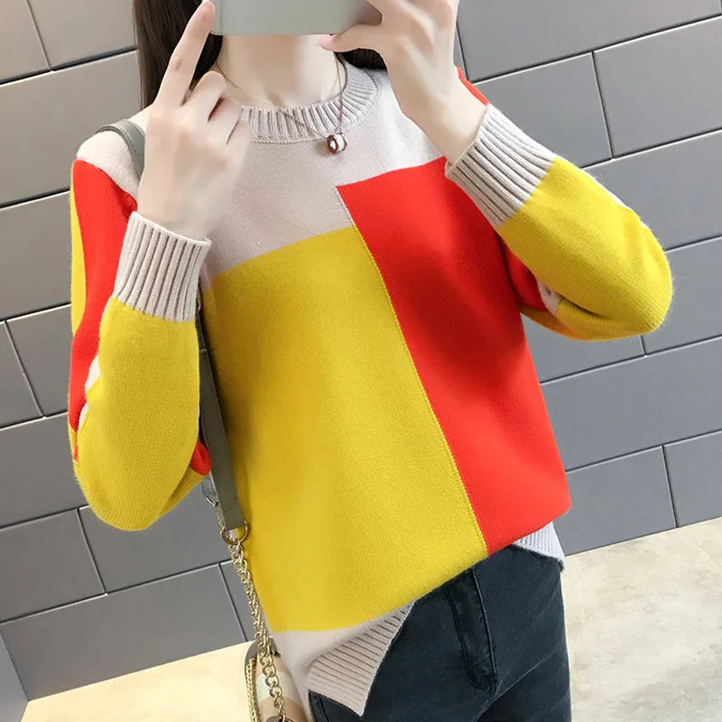 

2021 Spring and Autumn New Candy-colored Pullover Female Korean Women's Loose Color Matching Long Sleeve Knitted Bottoming Shirt