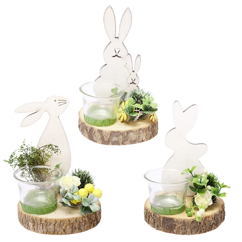 

Nordic Style Wooden Bunny Candle Holder Rabbit Glass Candlestick Easter Decor 95AA