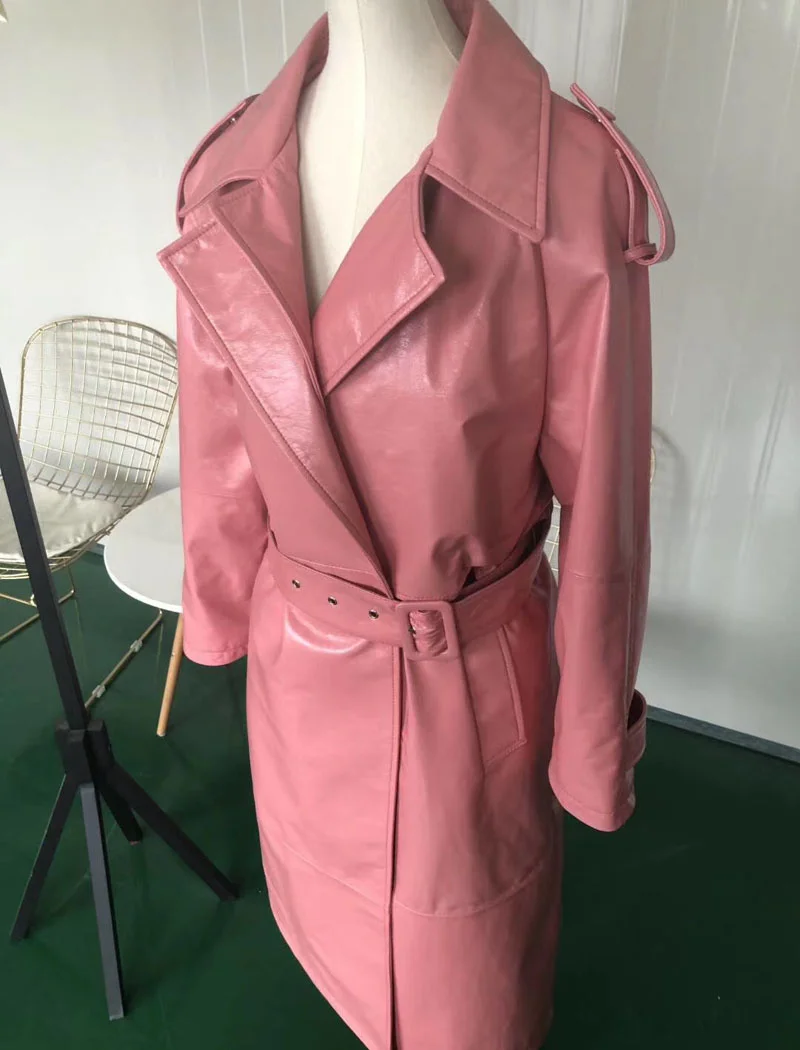 Длинное пальто для весны и осени новинка 2022 куртка из натуральной кожи розового