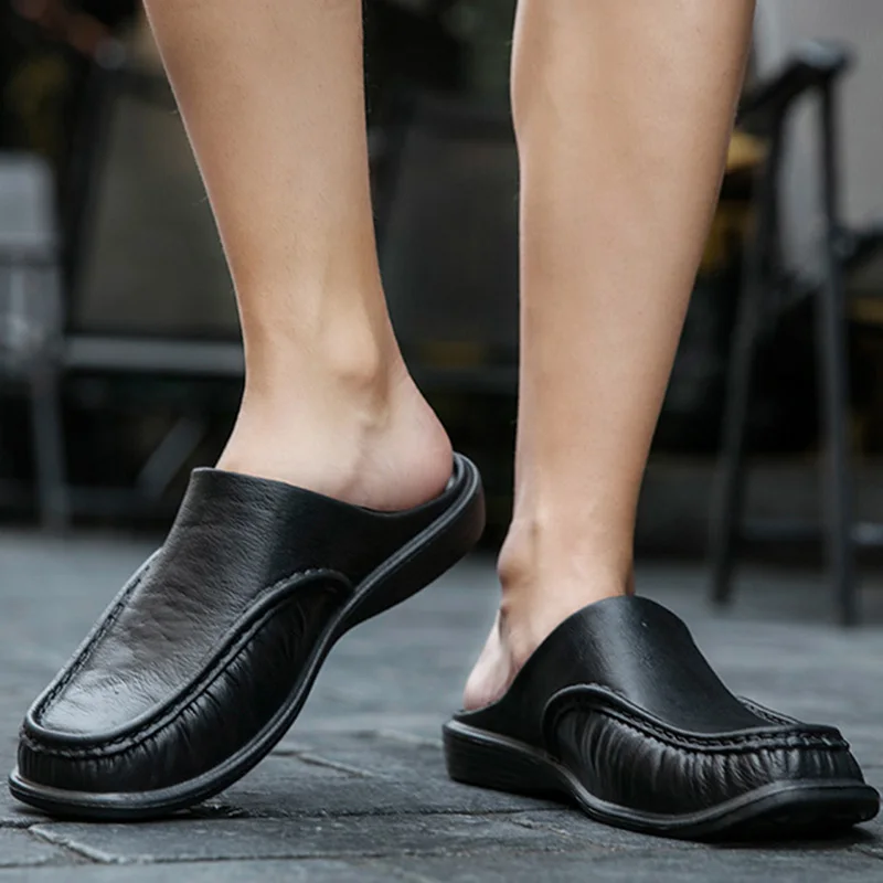 

Летние сандалии, мужские классические кожаные шлепанцы с открытой спиной, удобные повседневные сандалии, дышащая Нескользящая Уличная обу...