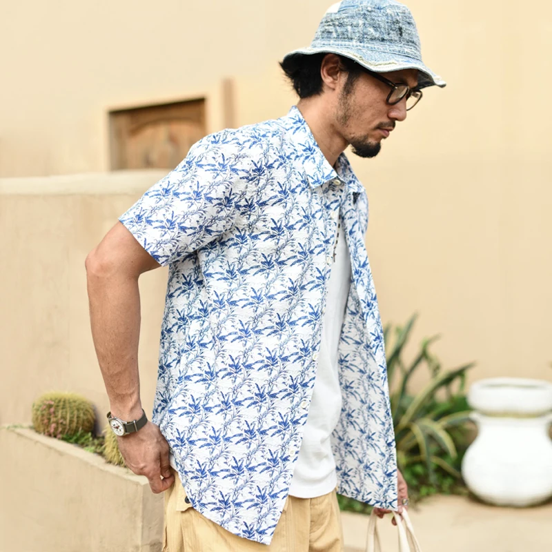 Мужская рубашка из ткани sauzezhan повседневная Облегающая японской летний
