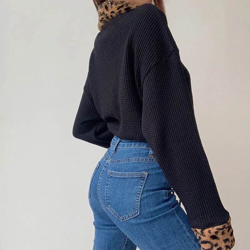 

Spring Autumn Women Long Sleeve Pullovers Sweatshirts Leopard Print Patchwork Lapel Collar Loose Lace-up Streetwear Hoodies Tops